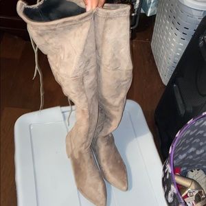Taupe faux suede over knee boots with small heel